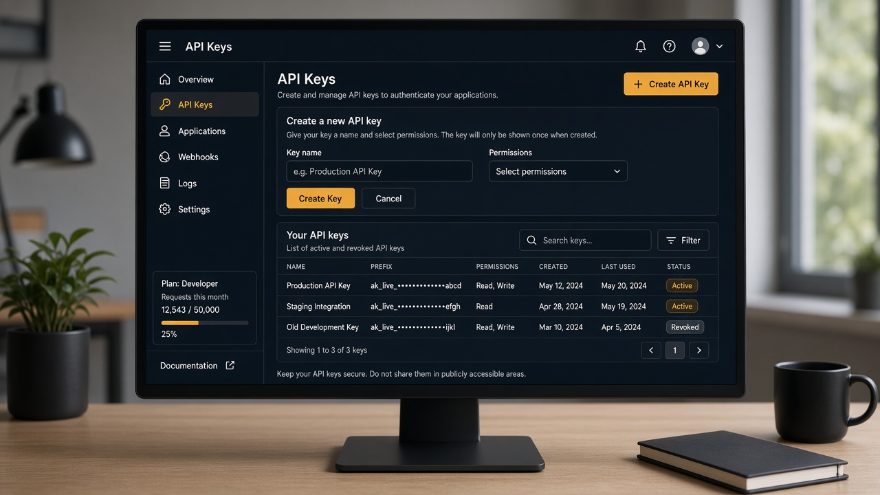 API keys product workspace with credit meter