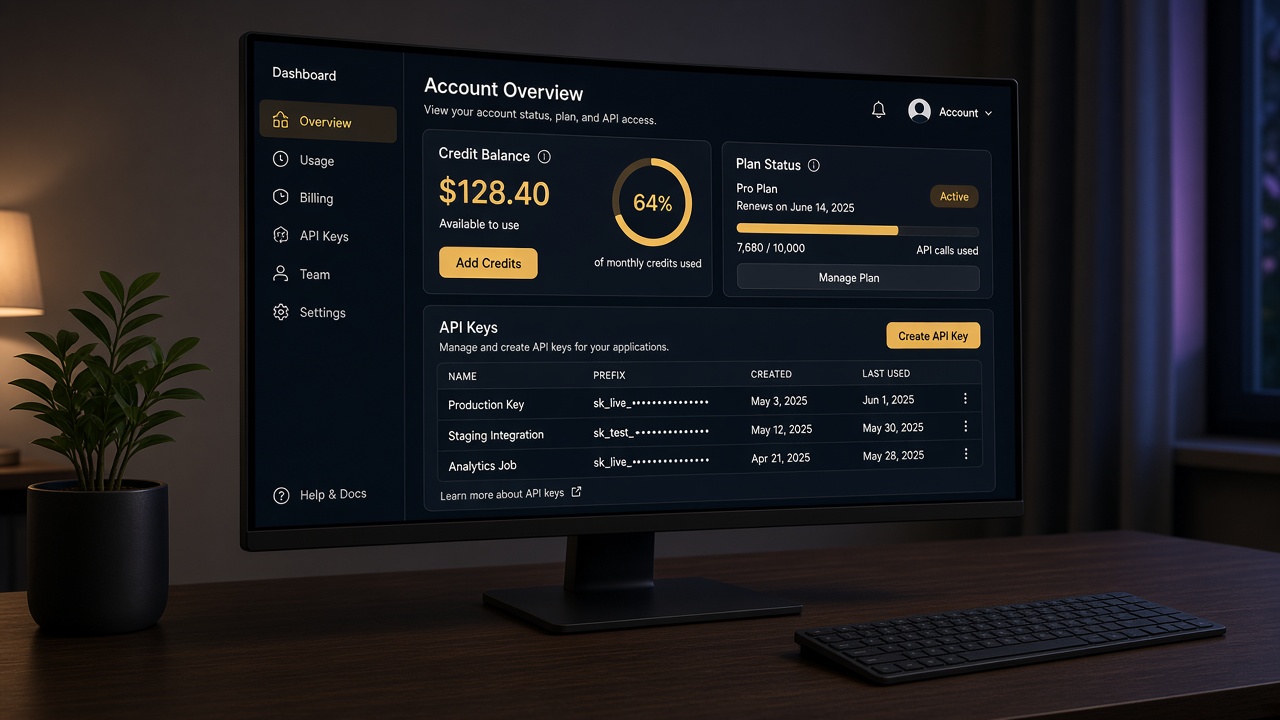 Dashboard product workspace with credit meter