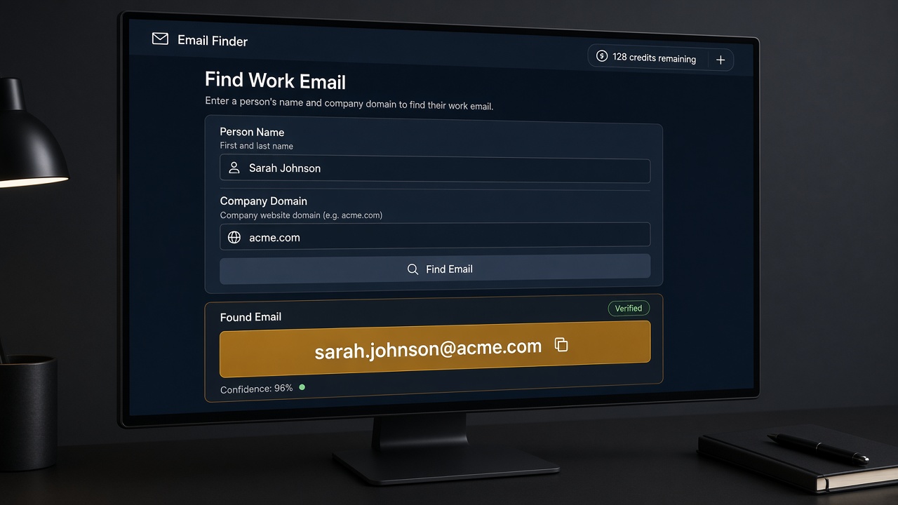 Email Finder product workspace with credit meter