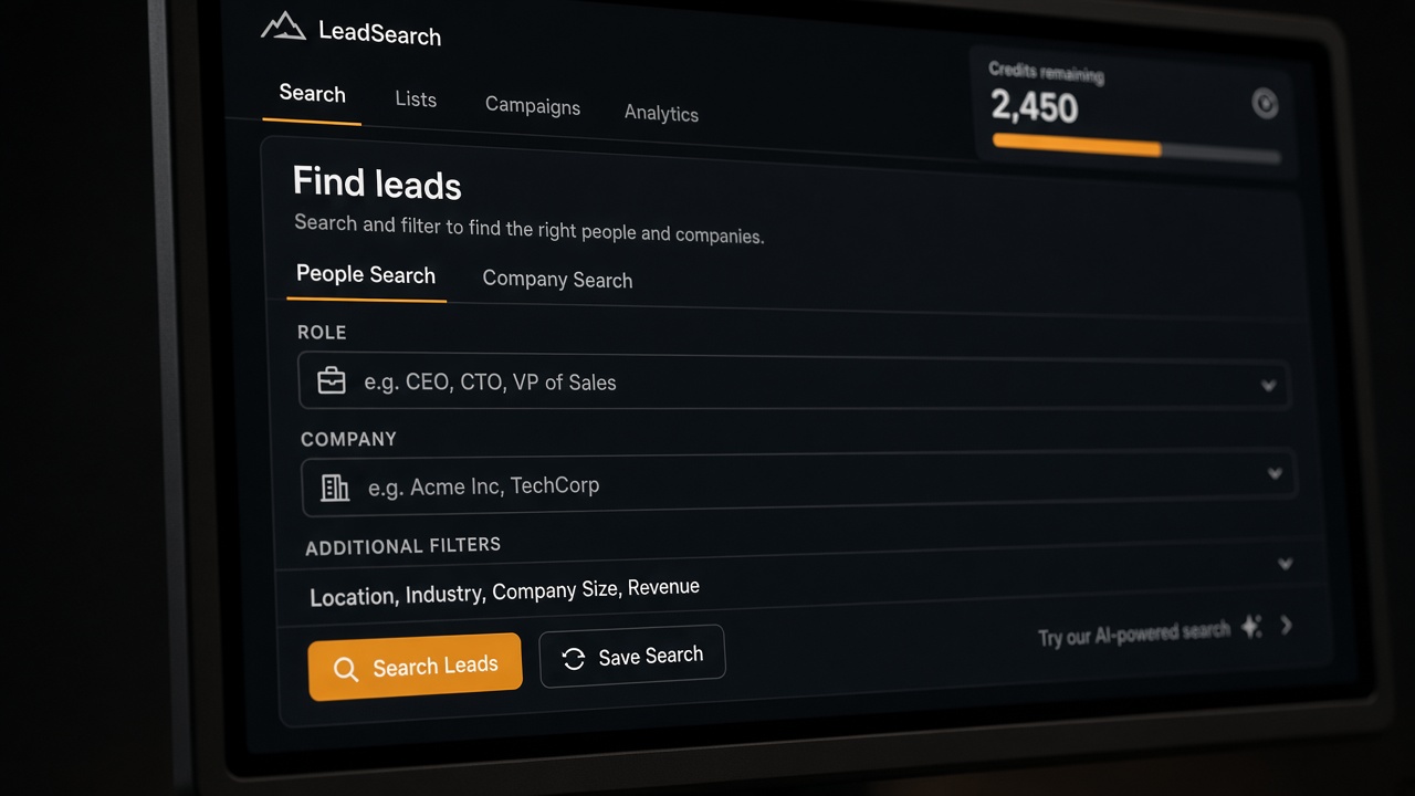 Search product workspace with credit meter